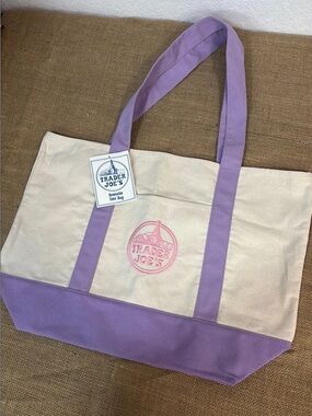 NEW • Trader Joe's LARGE reusable canvas tote bag, LAVENDER handles, PINK Logo
